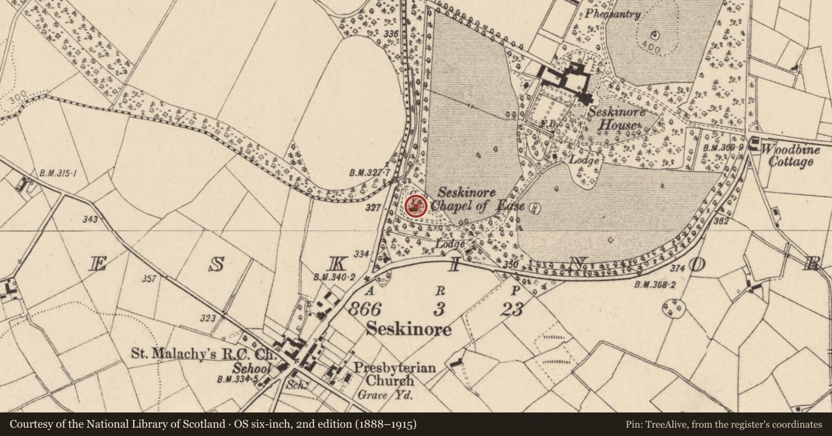 Ordnance Survey six-inch map, 2nd edition (1888–1915) covering the location of Seskinore Chapel of Ease, Fermanagh and Omagh, with a pin at the register's coordinates