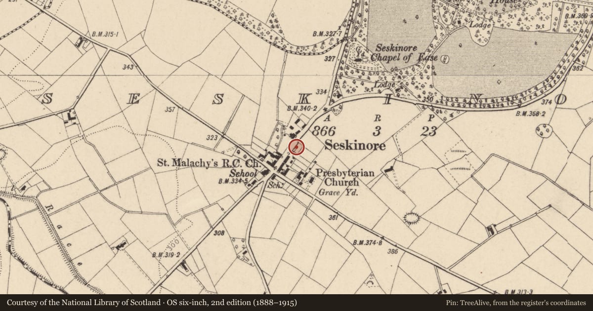 Ordnance Survey six-inch map, 2nd edition (1888–1915) covering the location of Seskinore Orange Hall, Fermanagh and Omagh, with a pin at the register's coordinates