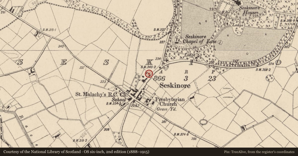 Ordnance Survey six-inch map, 2nd edition (1888–1915) covering the location of Barker Brothers Garage, Seskinore, Fermanagh and Omagh, with a pin at the register's coordinates