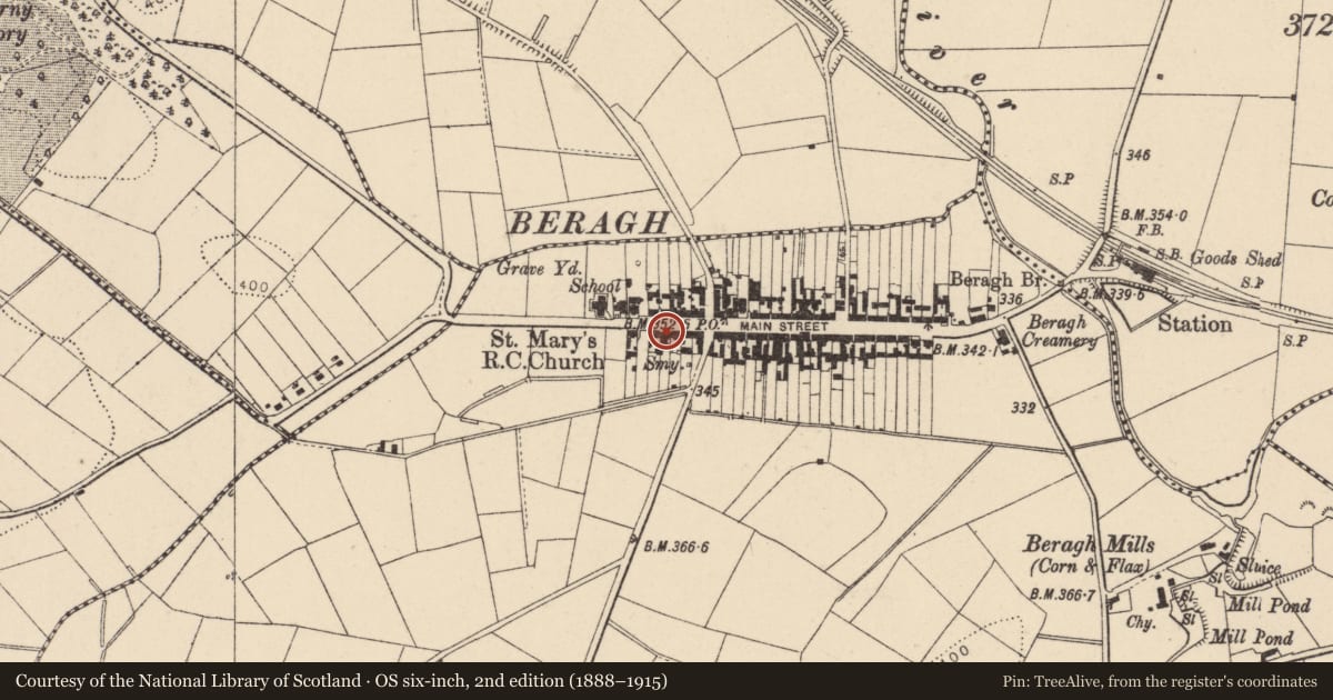 Ordnance Survey six-inch map, 2nd edition (1888–1915) covering the location of 15 Main Street, Beragh, Fermanagh and Omagh, with a pin at the register's coordinates