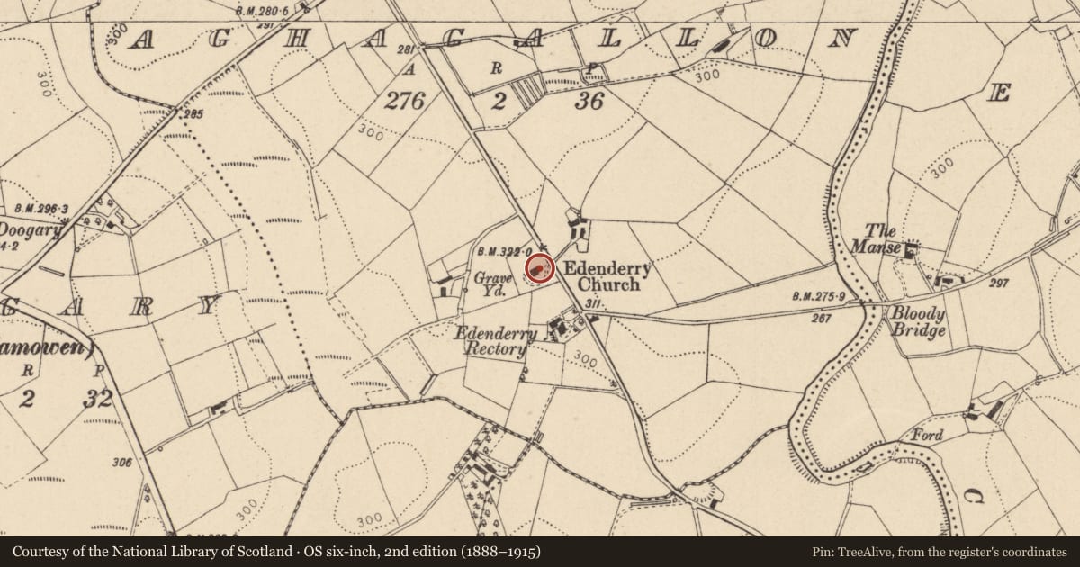 Ordnance Survey six-inch map, 2nd edition (1888–1915) covering the location of Edenderry Church (C of I), Aughagallon, Fermanagh and Omagh, with a pin at the register's coordinates