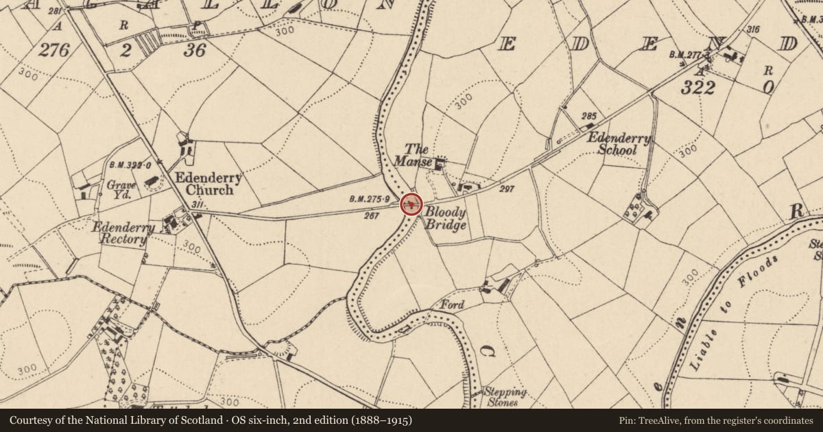 Ordnance Survey six-inch map, 2nd edition (1888–1915) covering the location of Bloody Bridge, Edenderry, Fermanagh and Omagh, with a pin at the register's coordinates
