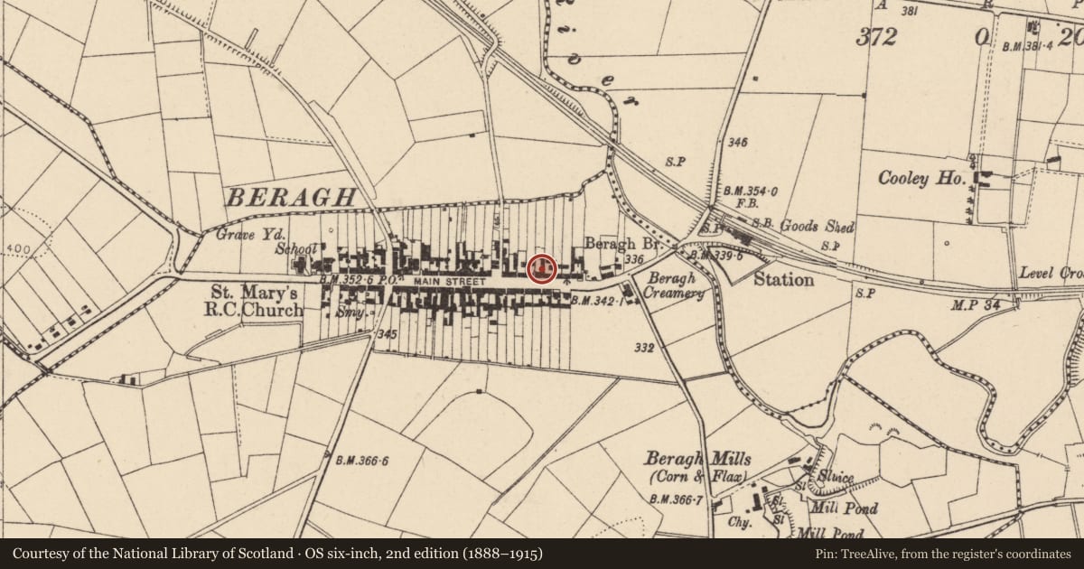 Ordnance Survey six-inch map, 2nd edition (1888–1915) covering the location of Northern Bank 98 Main Street, Beragh, Omagh Co. Tyrone, BT79 0TB, Fermanagh and Omagh, with a pin at the register's coordinates