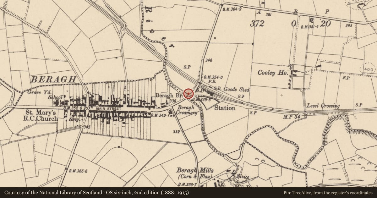 Ordnance Survey six-inch map, 2nd edition (1888–1915) covering the location of Beragh Bridge, Fermanagh and Omagh, with a pin at the register's coordinates