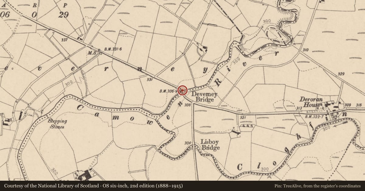 Ordnance Survey six-inch map, 2nd edition (1888–1915) covering the location of Deverney Bridge, Deverney/Deroran, Fermanagh and Omagh, with a pin at the register's coordinates