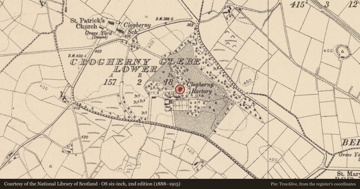 Ordnance Survey six-inch map, 2nd edition (1888–1915) covering the location of Old Clougherny Glebe House, Fermanagh and Omagh, with a pin at the register's coordinates