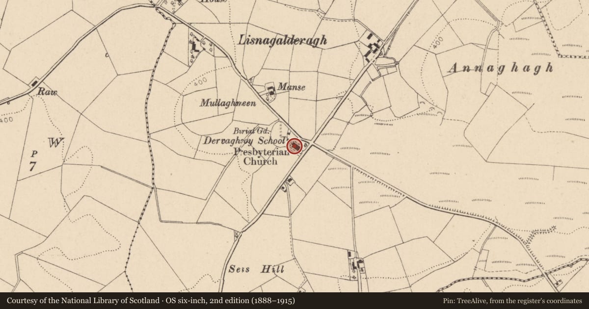 Ordnance Survey six-inch map, 2nd edition (1888–1915) covering the location of Clogherny Presbyterian Church, Dervaghroy, Fermanagh and Omagh, with a pin at the register's coordinates