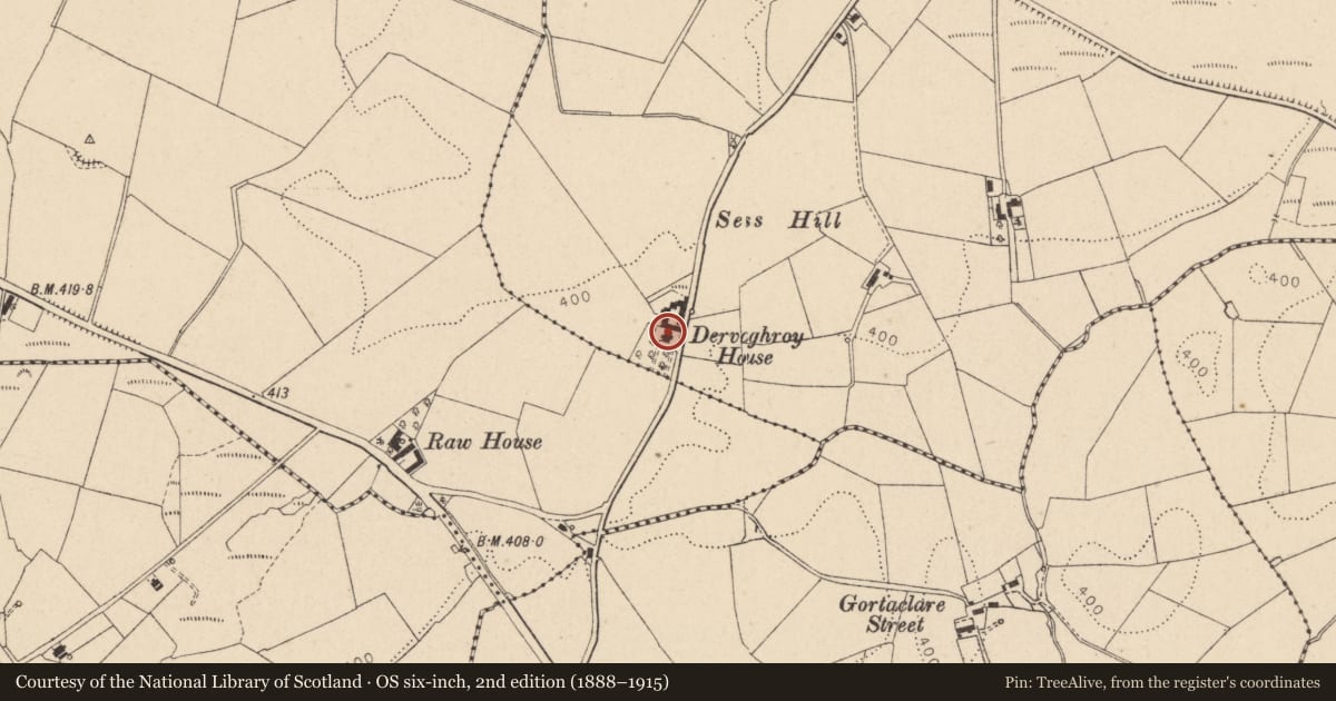 Ordnance Survey six-inch map, 2nd edition (1888–1915) covering the location of Dervaghroy House, Fermanagh and Omagh, with a pin at the register's coordinates