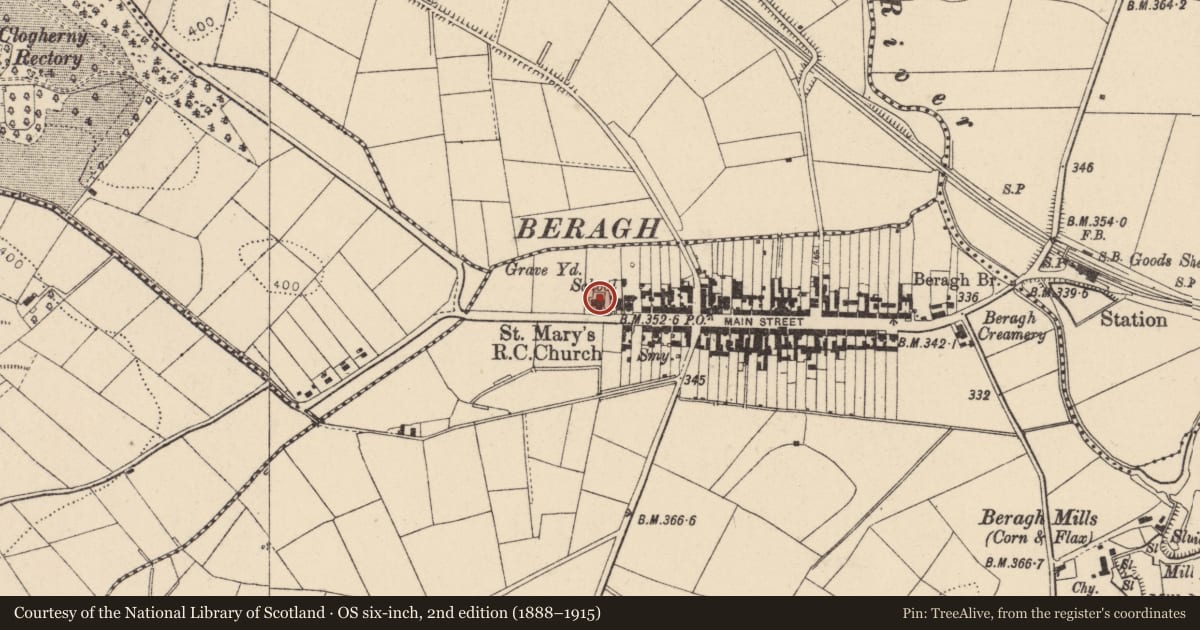 Ordnance Survey six-inch map, 2nd edition (1888–1915) covering the location of St Mary's RC Church, Fermanagh and Omagh, with a pin at the register's coordinates
