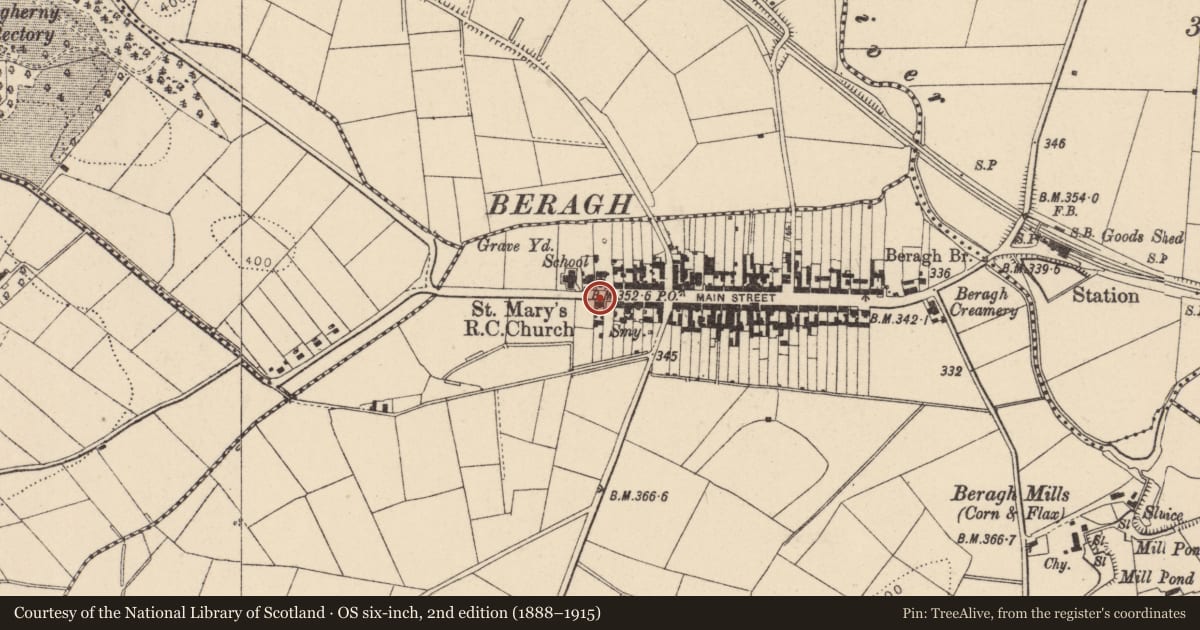 Ordnance Survey six-inch map, 2nd edition (1888–1915) covering the location of 9 Main Street, Fermanagh and Omagh, with a pin at the register's coordinates