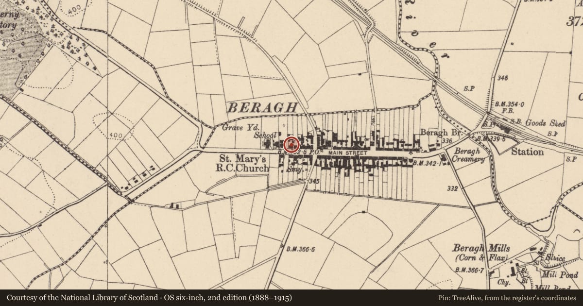 Ordnance Survey six-inch map, 2nd edition (1888–1915) covering the location of 14 Main Street, Fermanagh and Omagh, with a pin at the register's coordinates