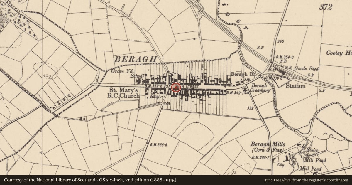 Ordnance Survey six-inch map, 2nd edition (1888–1915) covering the location of 37 Main Street, Beragh, Fermanagh and Omagh, with a pin at the register's coordinates