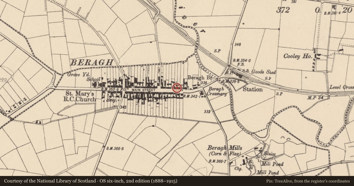 Ordnance Survey six-inch map, 2nd edition (1888–1915) covering the location of Fountain outside 104 Main Street, Beragh, Omagh, Co Tyrone, Fermanagh and Omagh, with a pin at the register's coordinates