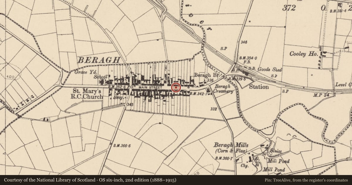 Ordnance Survey six-inch map, 2nd edition (1888–1915) covering the location of Fountain outside 87 Main Street, Beragh, Fermanagh and Omagh, with a pin at the register's coordinates