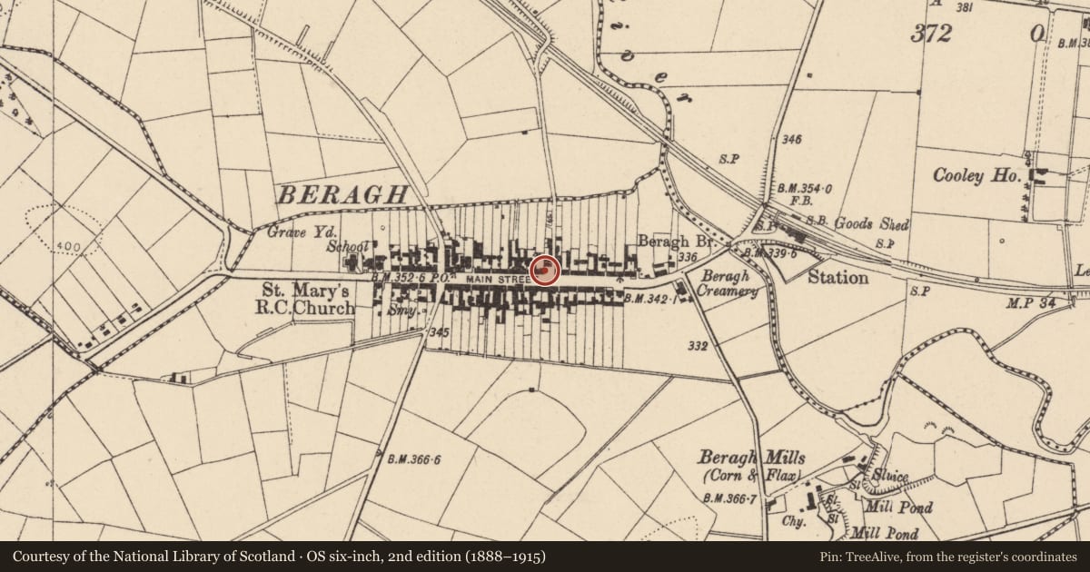 Ordnance Survey six-inch map, 2nd edition (1888–1915) covering the location of Pump outside 76 Main Street, Beragh, Fermanagh and Omagh, with a pin at the register's coordinates
