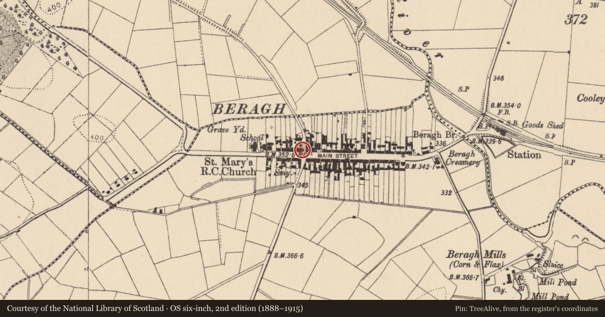 Ordnance Survey six-inch map, 2nd edition (1888–1915) covering the location of Fountain outside 32 Main Street, Beragh, Fermanagh and Omagh, with a pin at the register's coordinates