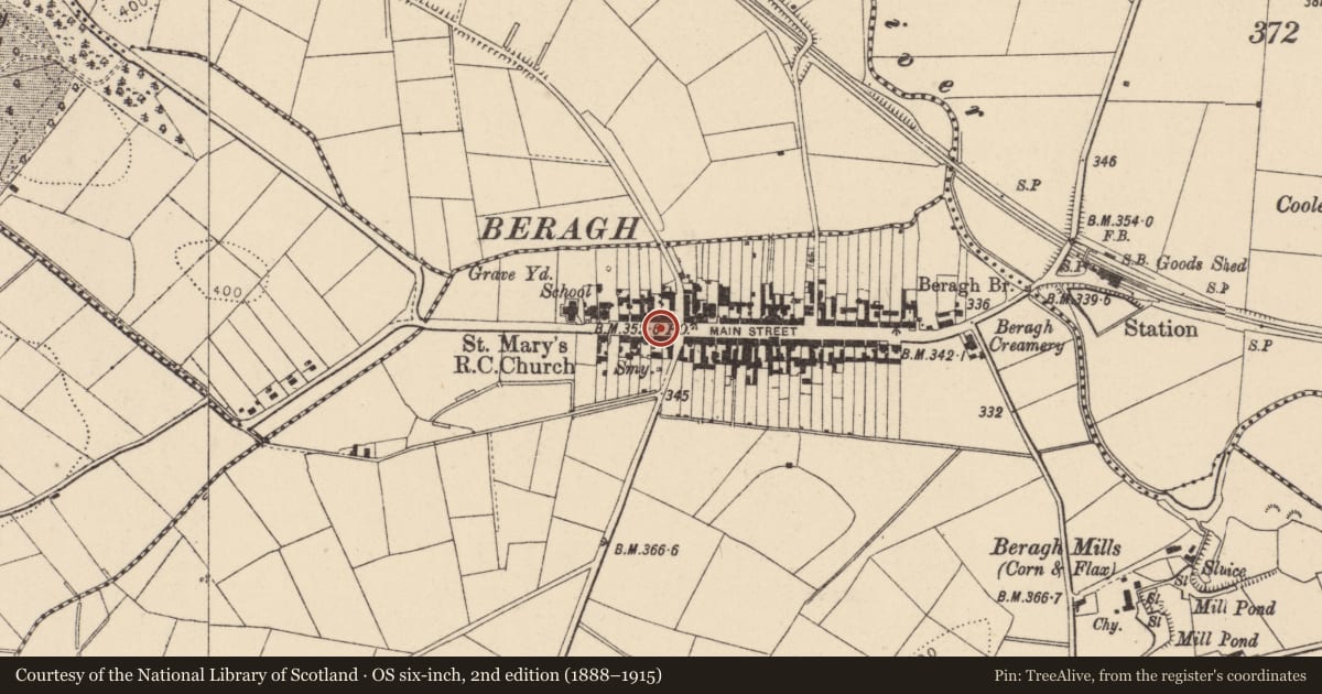 Ordnance Survey six-inch map, 2nd edition (1888–1915) covering the location of Fountain outside 25 Main Street, Beragh, Fermanagh and Omagh, with a pin at the register's coordinates