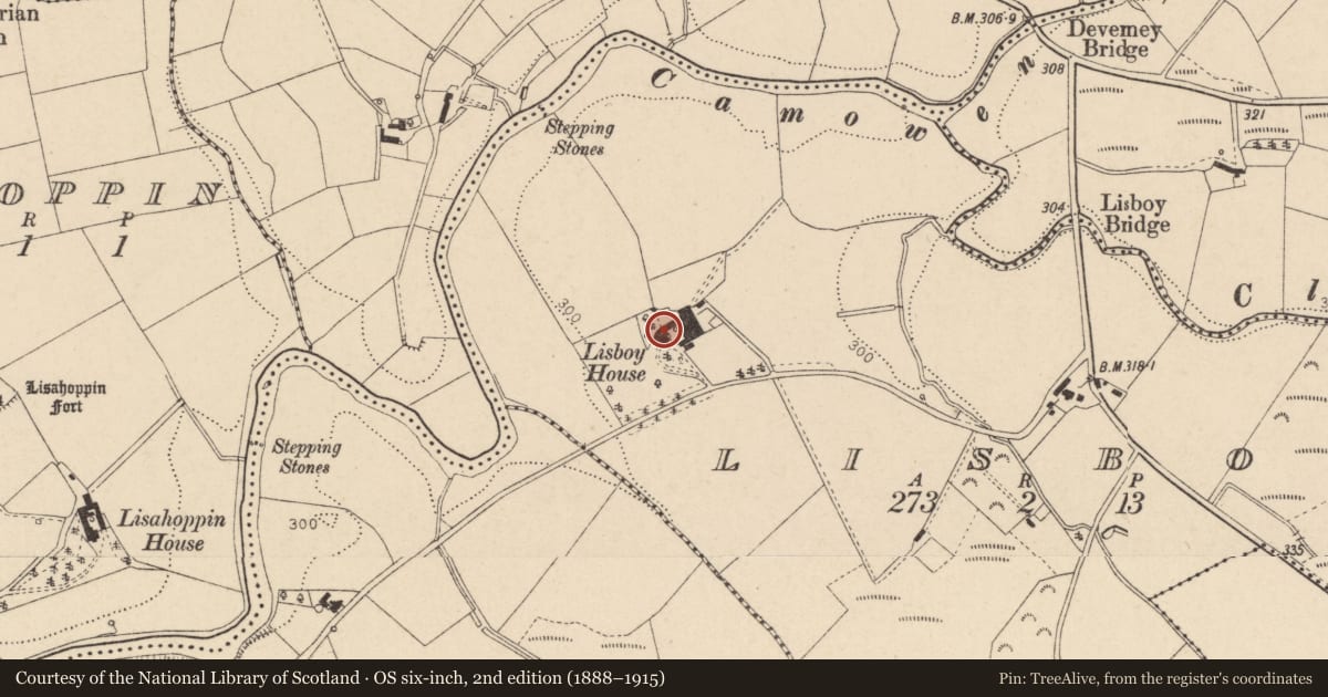 Ordnance Survey six-inch map, 2nd edition (1888–1915) covering the location of Lisboy House, Fermanagh and Omagh, with a pin at the register's coordinates