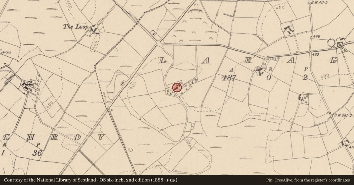 Ordnance Survey six-inch map, 2nd edition (1888–1915) covering the location of 56 Church Road, Laragh, Fermanagh and Omagh, with a pin at the register's coordinates