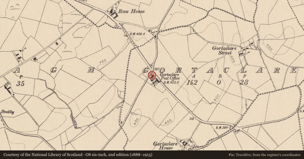 Ordnance Survey six-inch map, 2nd edition (1888–1915) covering the location of 29 Curr Road, Gortaclare, Fermanagh and Omagh, with a pin at the register's coordinates