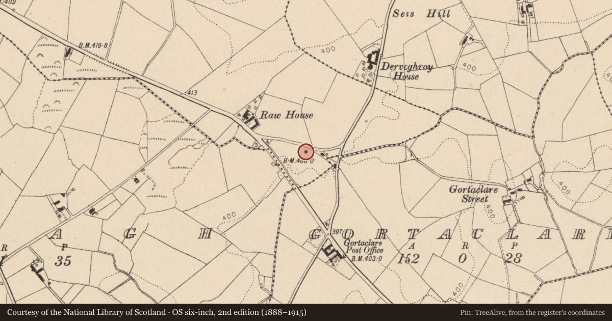 Ordnance Survey six-inch map, 2nd edition (1888–1915) covering the location of Dervaghroy Primary School, Fermanagh and Omagh, with a pin at the register's coordinates