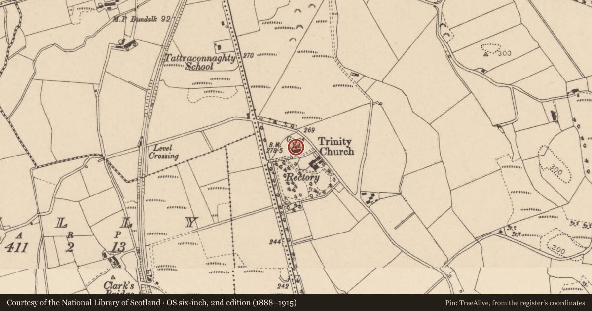 Ordnance Survey six-inch map, 2nd edition (1888–1915) covering the location of Holy Trinity Church (C of I), Mountjoy Forest West Division, Fermanagh and Omagh, with a pin at the register's coordinates