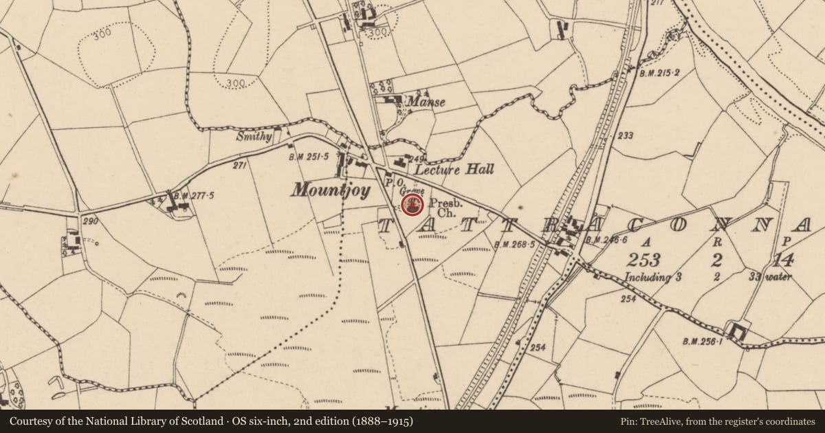 Ordnance Survey six-inch map, 2nd edition (1888–1915) covering the location of Mountjoy Presbyterian Church, Mountjoy Forest West Division, Fermanagh and Omagh, with a pin at the register's coordinates