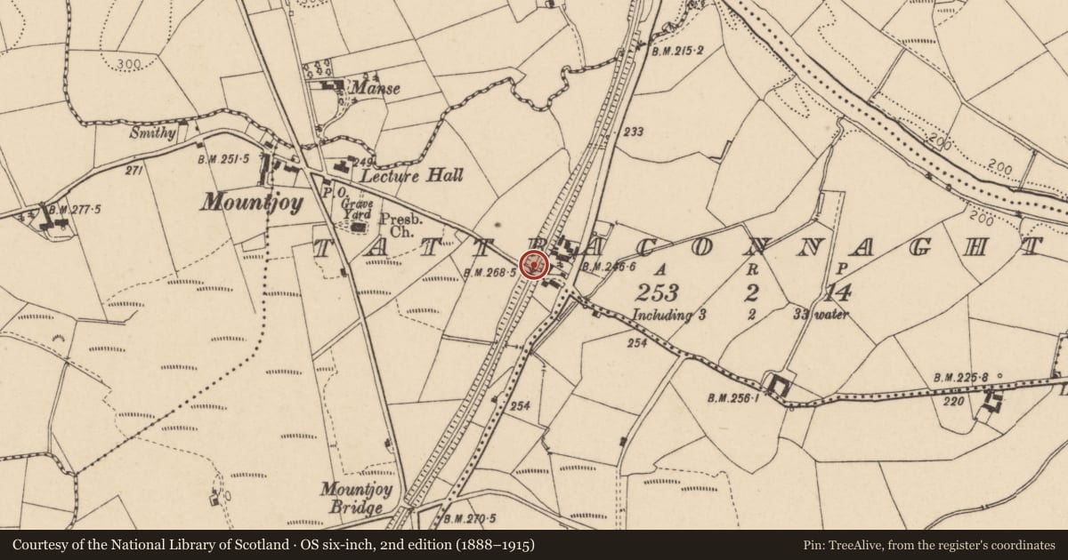 Ordnance Survey six-inch map, 2nd edition (1888–1915) covering the location of Bridge No 6, Tattraconnaghty, Fermanagh and Omagh, with a pin at the register's coordinates