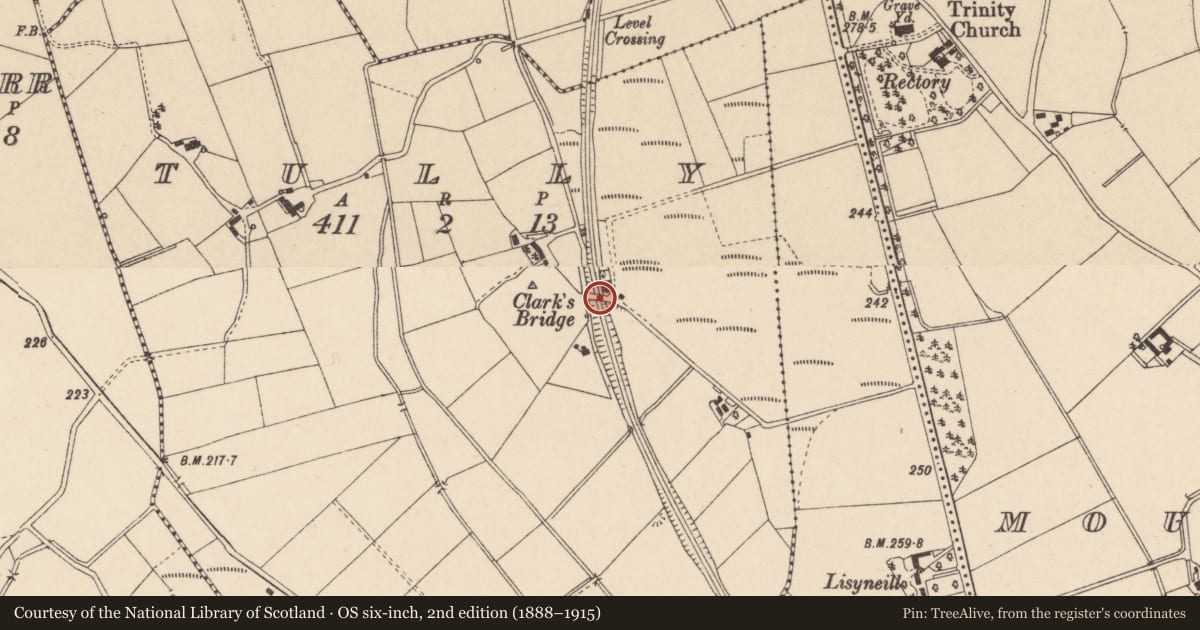 Ordnance Survey six-inch map, 2nd edition (1888–1915) covering the location of Clarks Bridge, Tully, Fermanagh and Omagh, with a pin at the register's coordinates