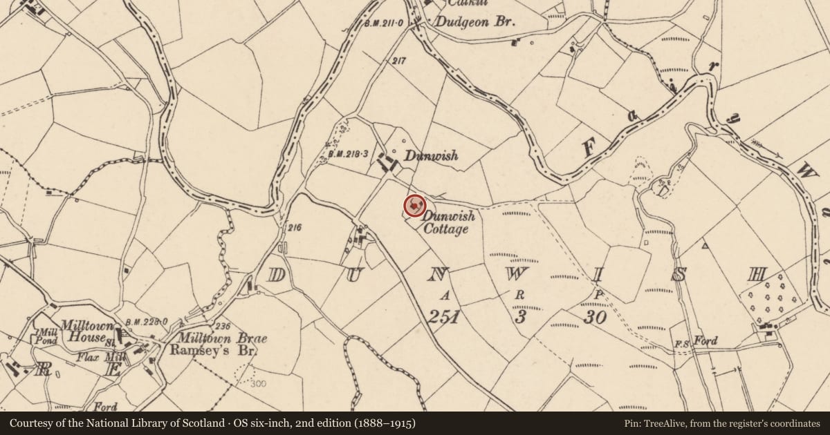Ordnance Survey six-inch map, 2nd edition (1888–1915) covering the location of Dunwish Cottage, Fermanagh and Omagh, with a pin at the register's coordinates