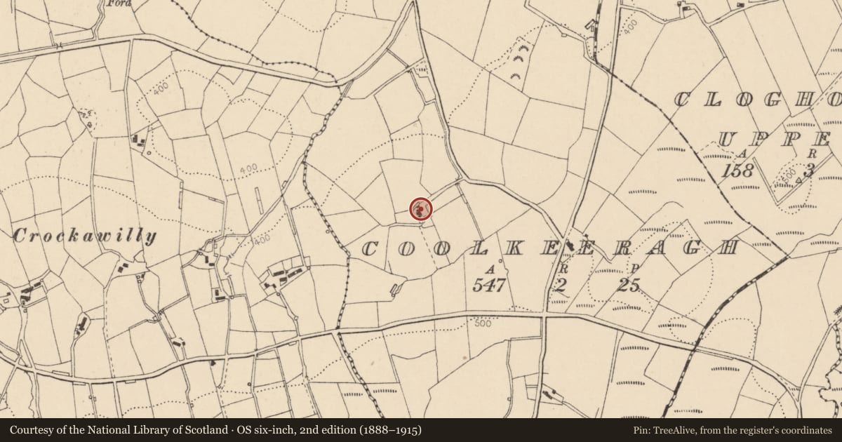 Ordnance Survey six-inch map, 2nd edition (1888–1915) covering the location of House, Coolkeeragh, Fermanagh and Omagh, with a pin at the register's coordinates
