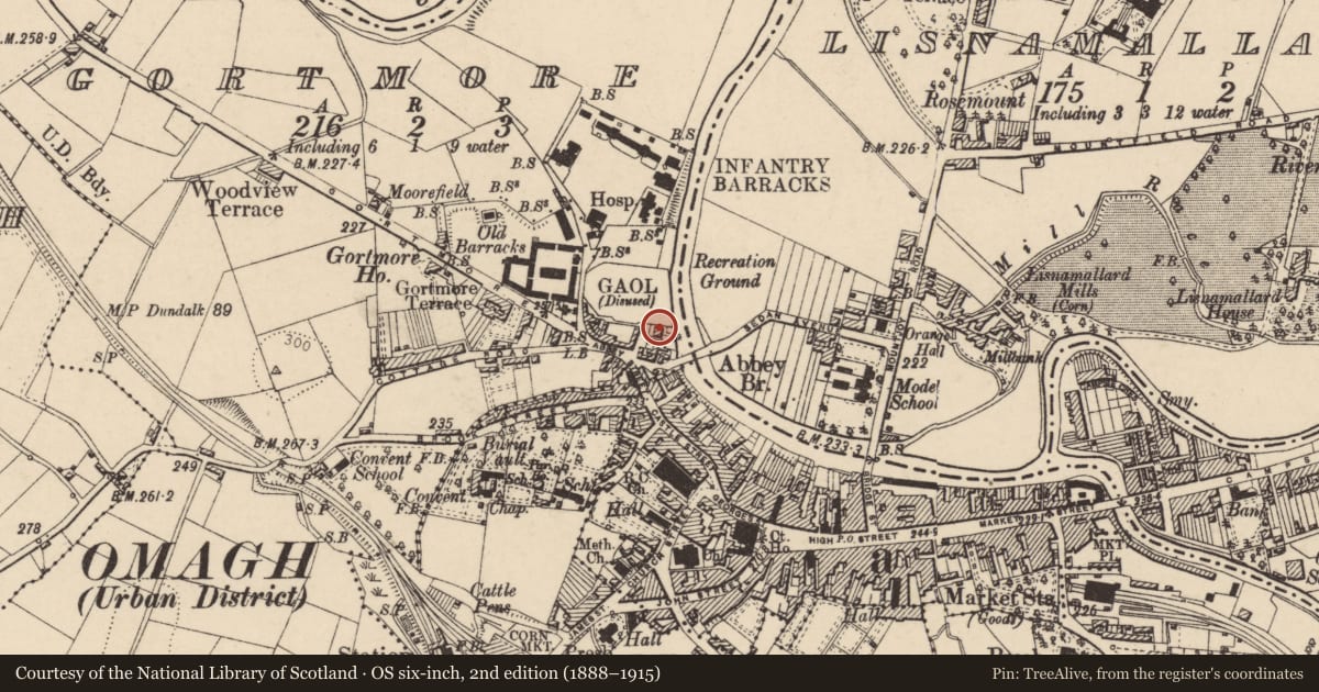 Ordnance Survey six-inch map, 2nd edition (1888–1915) covering the location of Abbey Hall, Fermanagh and Omagh, with a pin at the register's coordinates