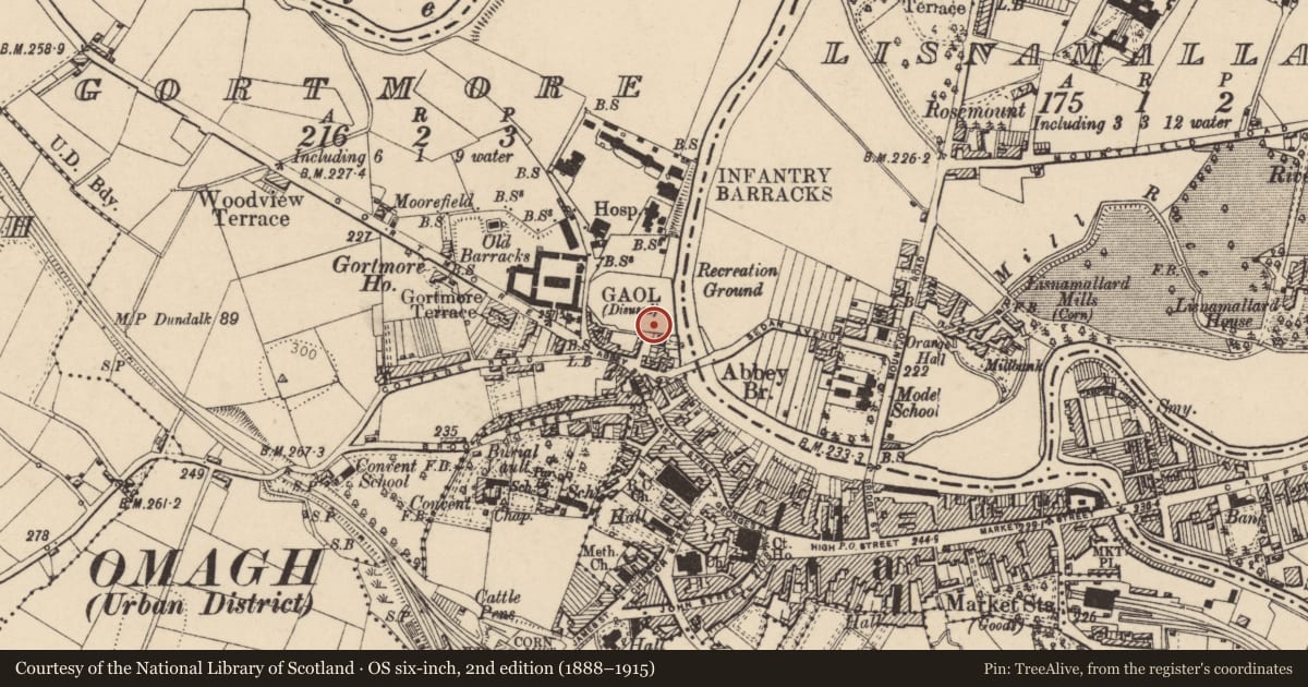 Ordnance Survey six-inch map, 2nd edition (1888–1915) covering the location of 7 Castle Place, Gortmore, Fermanagh and Omagh, with a pin at the register's coordinates