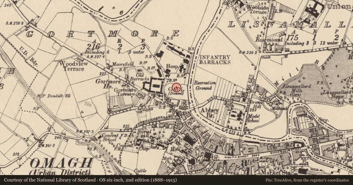 Ordnance Survey six-inch map, 2nd edition (1888–1915) covering the location of Tread-wheel, Gortmore, Fermanagh and Omagh, with a pin at the register's coordinates