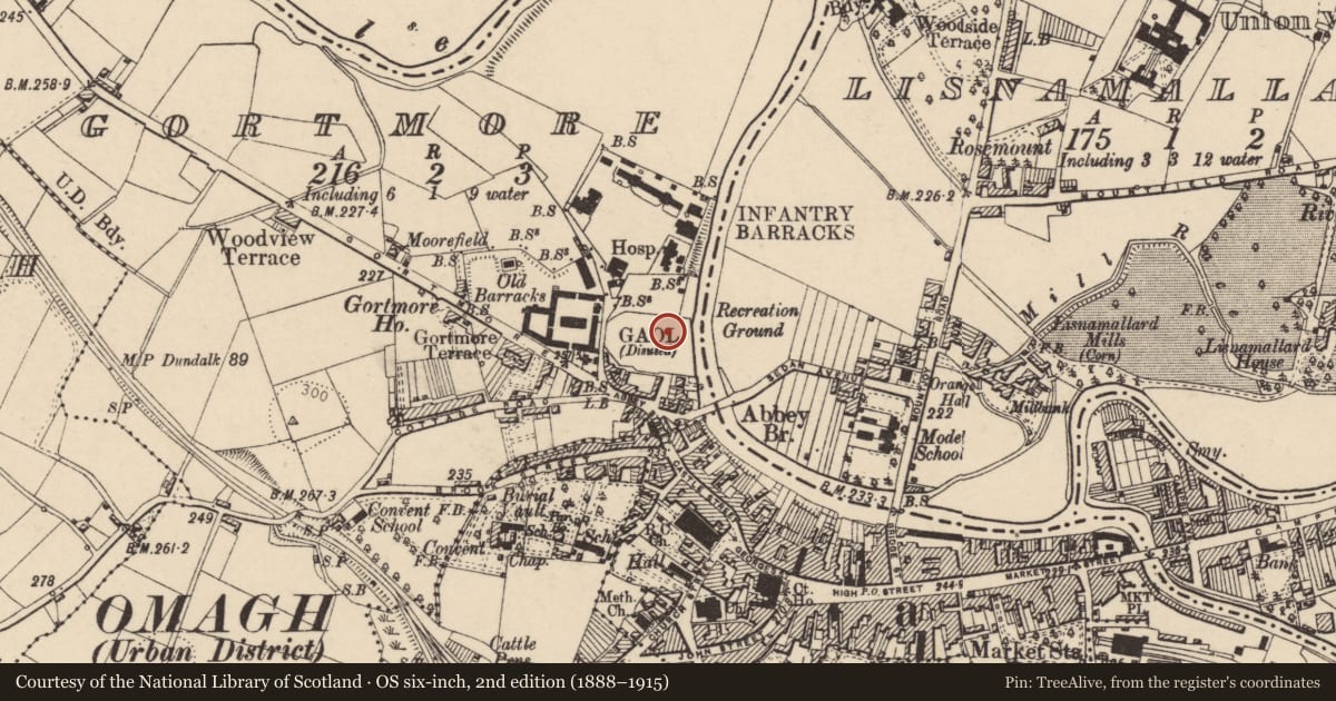 Ordnance Survey six-inch map, 2nd edition (1888–1915) covering the location of 20-24 Castle Place, Fermanagh and Omagh, with a pin at the register's coordinates