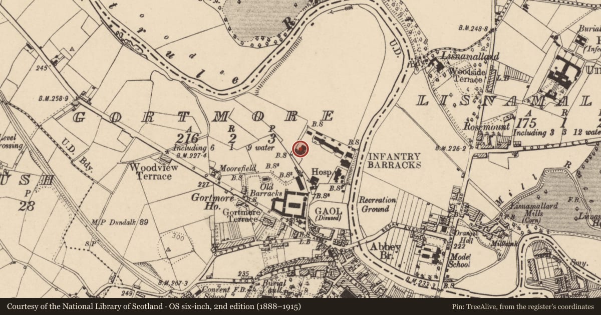 Ordnance Survey six-inch map, 2nd edition (1888–1915) covering the location of Officers’ Mess, Building 16, Gortmore, Fermanagh and Omagh, with a pin at the register's coordinates
