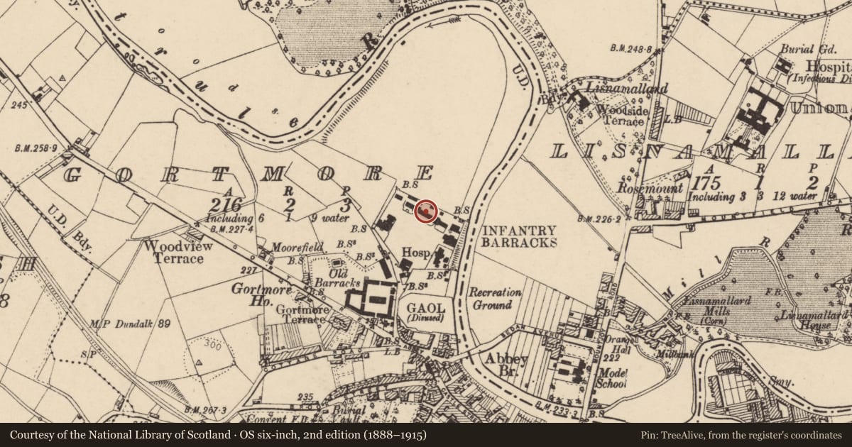 Ordnance Survey six-inch map, 2nd edition (1888–1915) covering the location of Waterloo and St. Lucia's Barracks, Gortmore, Fermanagh and Omagh, with a pin at the register's coordinates