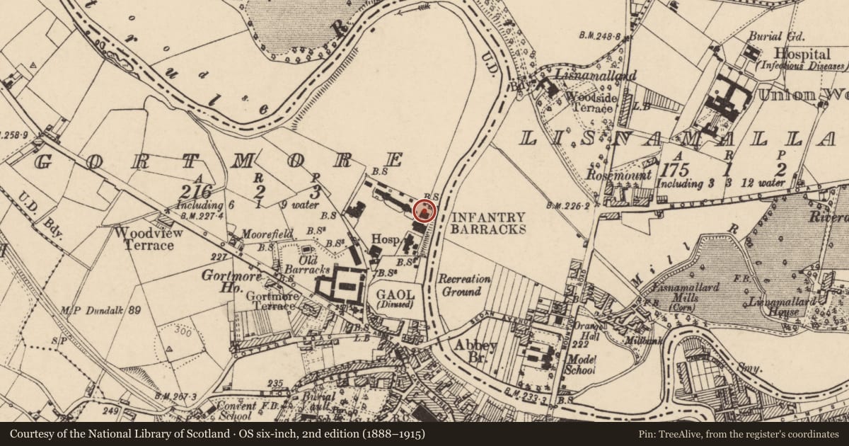 Ordnance Survey six-inch map, 2nd edition (1888–1915) covering the location of St. Lucia’s Club, Gortmore, Fermanagh and Omagh, with a pin at the register's coordinates