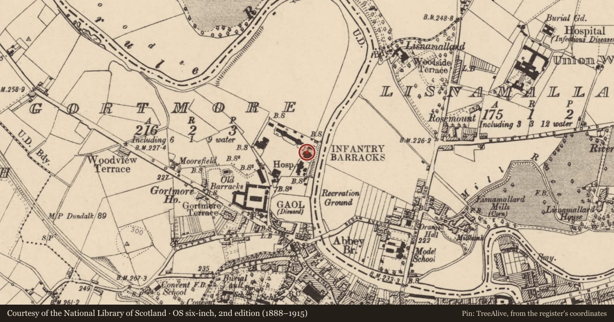 Ordnance Survey six-inch map, 2nd edition (1888–1915) covering the location of Sergeants Mess Hall, Gortmore, Fermanagh and Omagh, with a pin at the register's coordinates