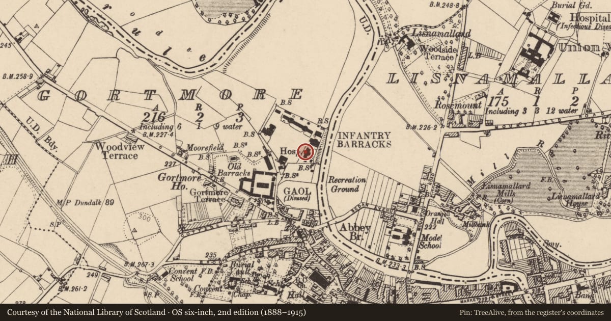 Ordnance Survey six-inch map, 2nd edition (1888–1915) covering the location of Battalion Headquarters, South Africa St. Lucia’s Barracks, Gortmore, Fermanagh and Omagh, with a pin at the register's coordinates