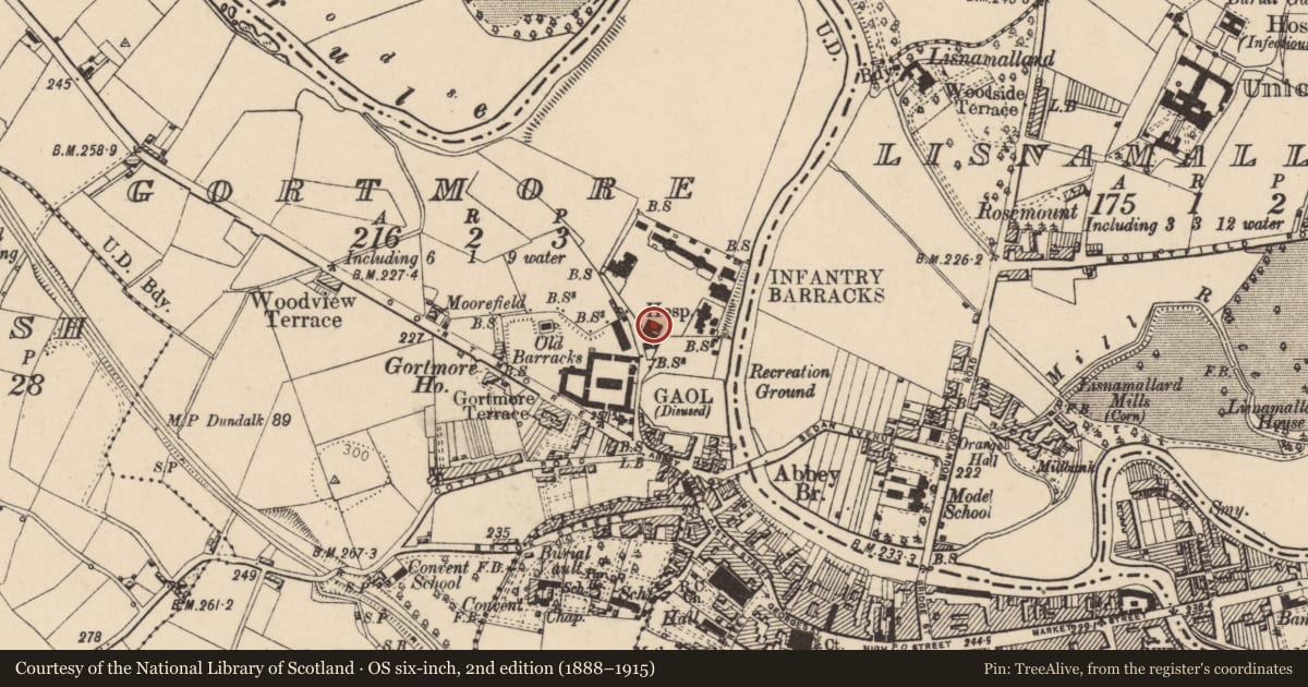 Ordnance Survey six-inch map, 2nd edition (1888–1915) covering the location of Guardhouse, boundary wall and attached memorials, Gortmore, Fermanagh and Omagh, with a pin at the register's coordinates