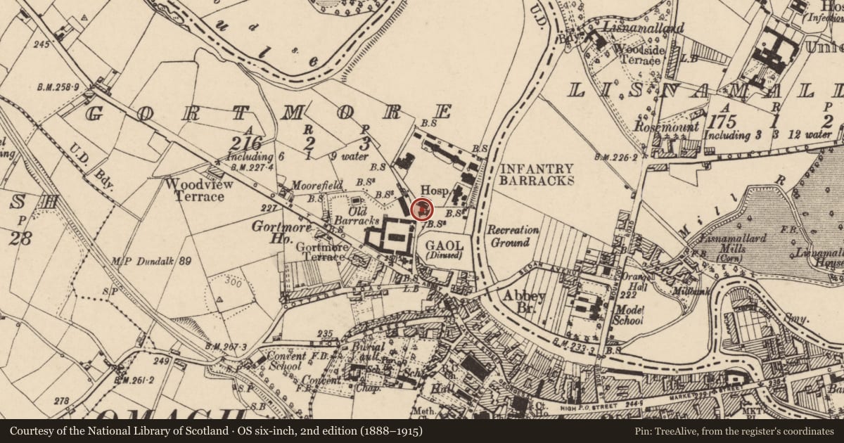 Ordnance Survey six-inch map, 2nd edition (1888–1915) covering the location of Army Recruitment Office, Gortmore, Fermanagh and Omagh, with a pin at the register's coordinates