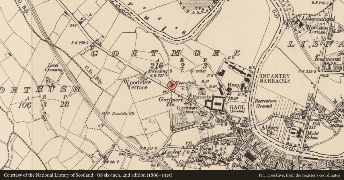 Ordnance Survey six-inch map, 2nd edition (1888–1915) covering the location of Moonfield, Fermanagh and Omagh, with a pin at the register's coordinates
