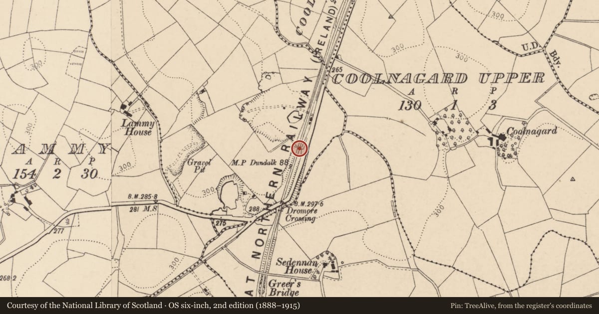 Ordnance Survey six-inch map, 2nd edition (1888–1915) covering the location of Bridge No 34, Fermanagh and Omagh, with a pin at the register's coordinates