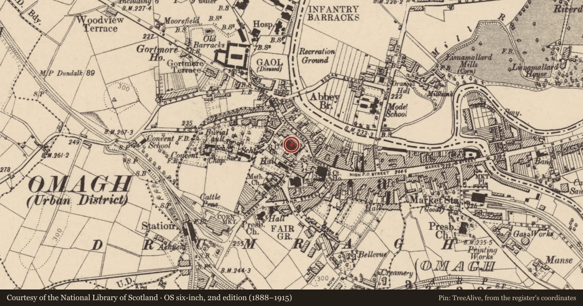 Ordnance Survey six-inch map, 2nd edition (1888–1915) covering the location of Roman Catholic Church of the Sacred Heart, Meetinghousehill, Fermanagh and Omagh, with a pin at the register's coordinates