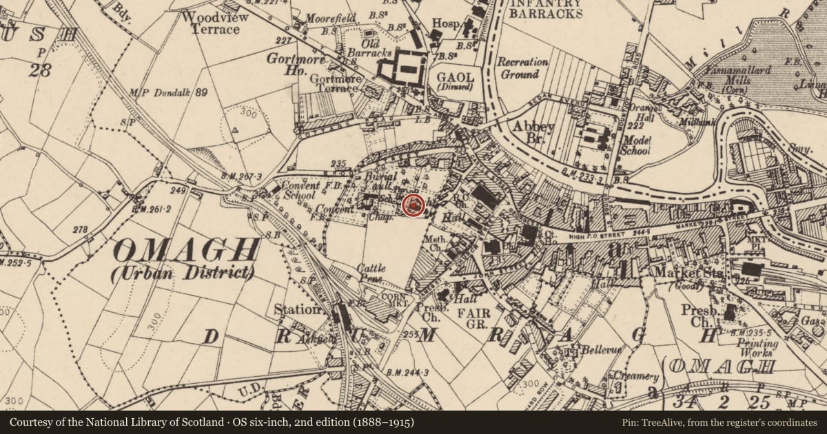 Ordnance Survey six-inch map, 2nd edition (1888–1915) covering the location of Drumragh RC Parish Hall, ACCORD and Parish Office, (Former Christian Brothers Primary School), 48 Brook Street, Omagh, Co Tyrone, BT78 5HD, Gallows Hill, Fermanagh and Omagh, with a pin at the register's coordinates