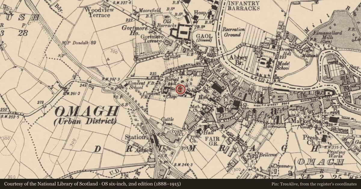 Ordnance Survey six-inch map, 2nd edition (1888–1915) covering the location of Parochial House, Gallows Hill, Fermanagh and Omagh, with a pin at the register's coordinates