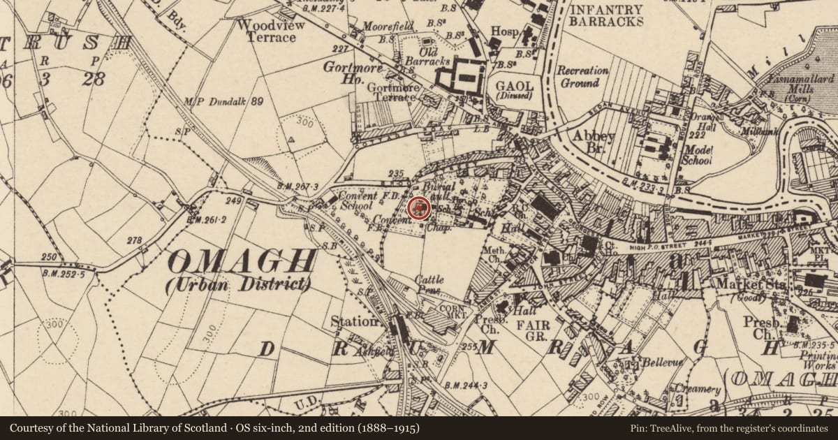 Ordnance Survey six-inch map, 2nd edition (1888–1915) covering the location of Loreto Convent, Brook Street, Omagh, Co Tyrone BT78 1DL, Meetinghousehill, Fermanagh and Omagh, with a pin at the register's coordinates