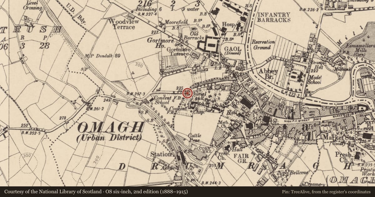 Ordnance Survey six-inch map, 2nd edition (1888–1915) covering the location of Loreto Convent Burial Vault, Meetinghousehill, Fermanagh and Omagh, with a pin at the register's coordinates