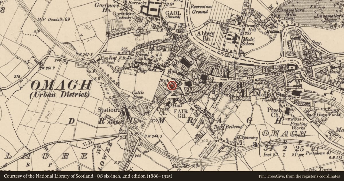 Ordnance Survey six-inch map, 2nd edition (1888–1915) covering the location of Omagh Methodist Church, Gallows Hill, Fermanagh and Omagh, with a pin at the register's coordinates